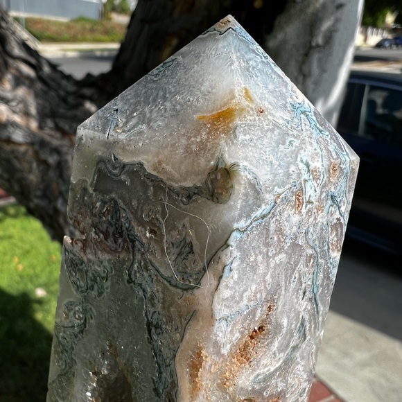 Rare Pink Moss Agate Tower With Druzy Pockets and Quartz - Picture 7 of 7